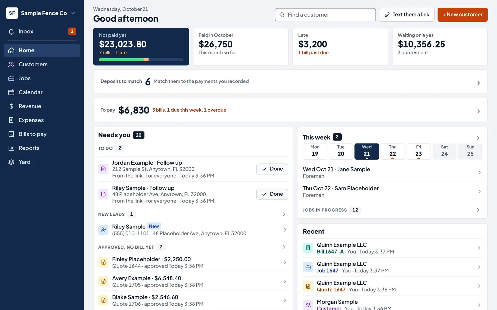 ClearVis Home on a laptop: money not paid yet, deposits to match, bills to pay, what needs you and this week's jobs.