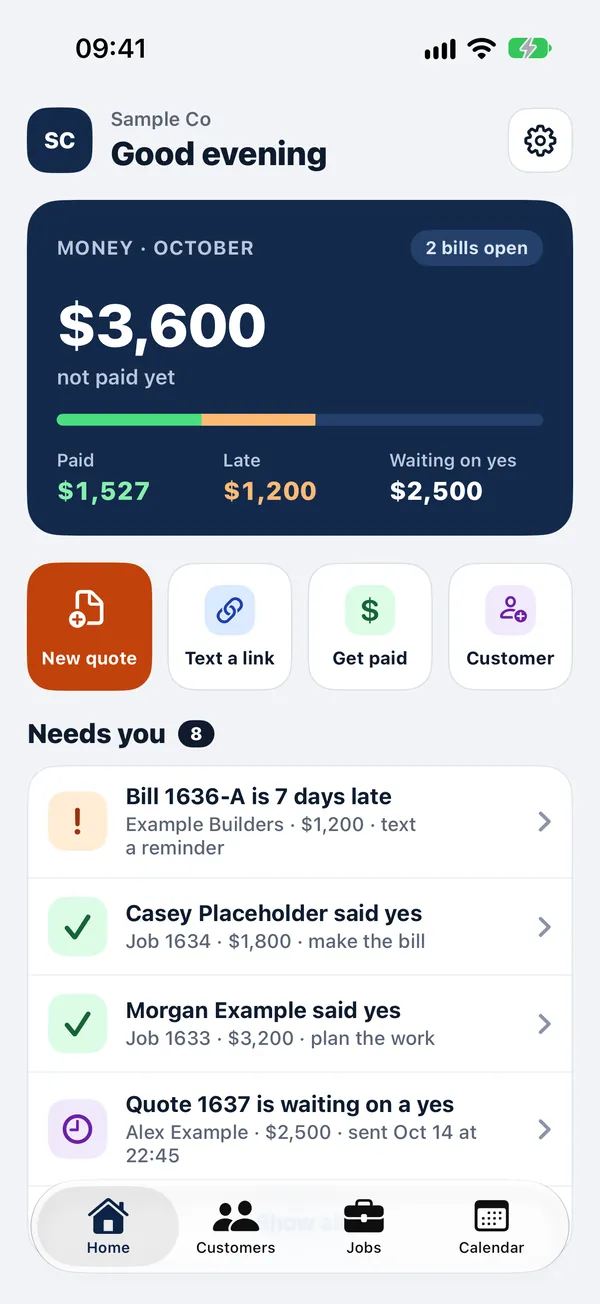 The ClearVis iPhone app's Home: money for the month, late bills and what needs you.