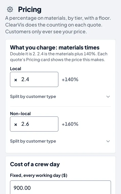 Settings, Pricing on a phone: materials times 2.4 for local work, 2.6 for non-local, and the cost of a crew day.