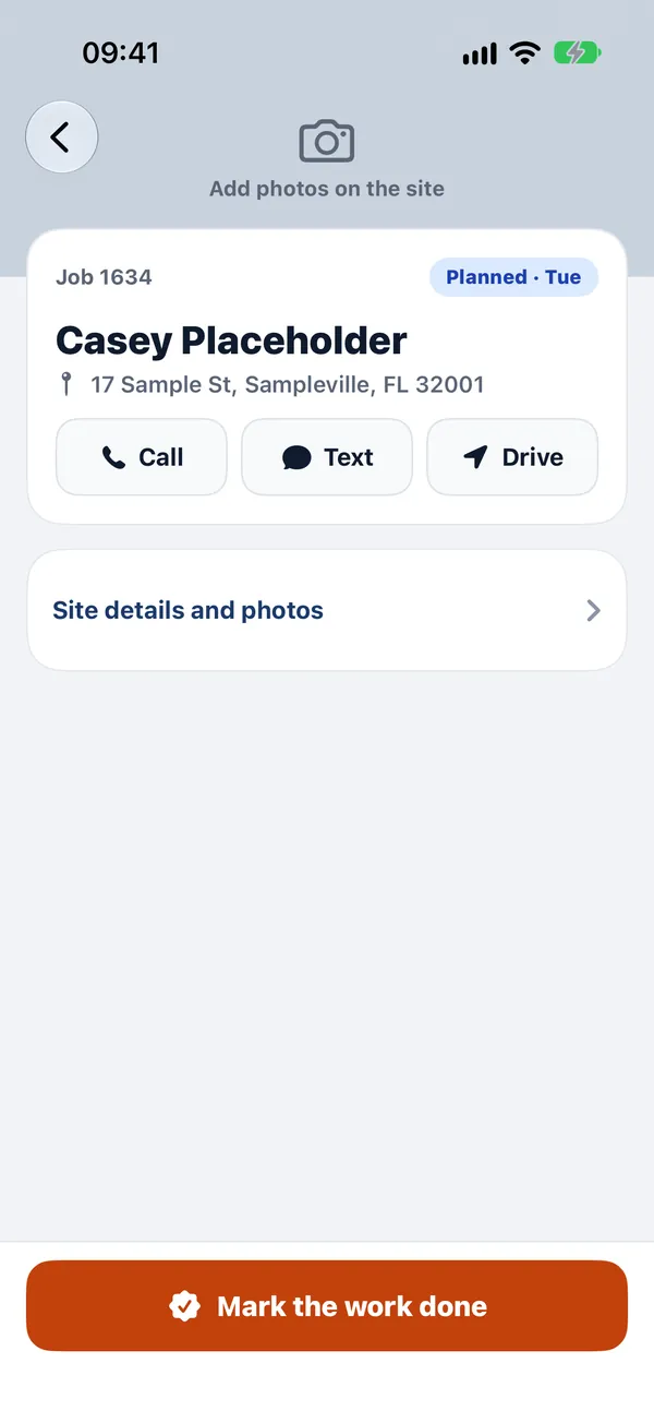 A job in the iPhone app with Call, Text and Drive, and Mark the work done.