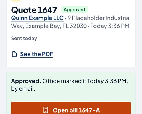 An approved quote with the Open bill button.